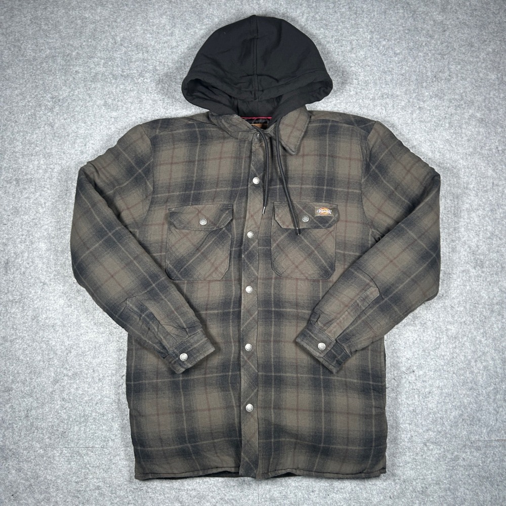 Dickies Hooded Flannel Jacket Mens Small Brown Plaid Quilted Lined Workwear